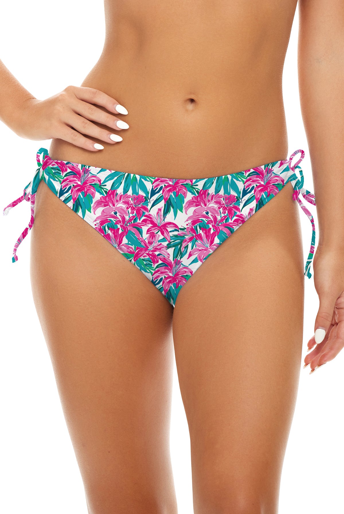 Easy To Please Adjustable Tie bikini bottom in Pink Floral, front view with tied sides.