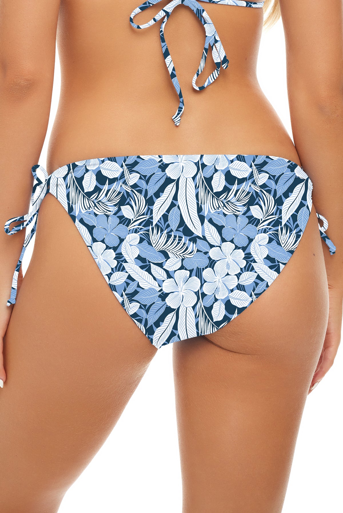 Easy To Please Adjustable Tie bikini bottom in Blue Floral, back view with tied sides.