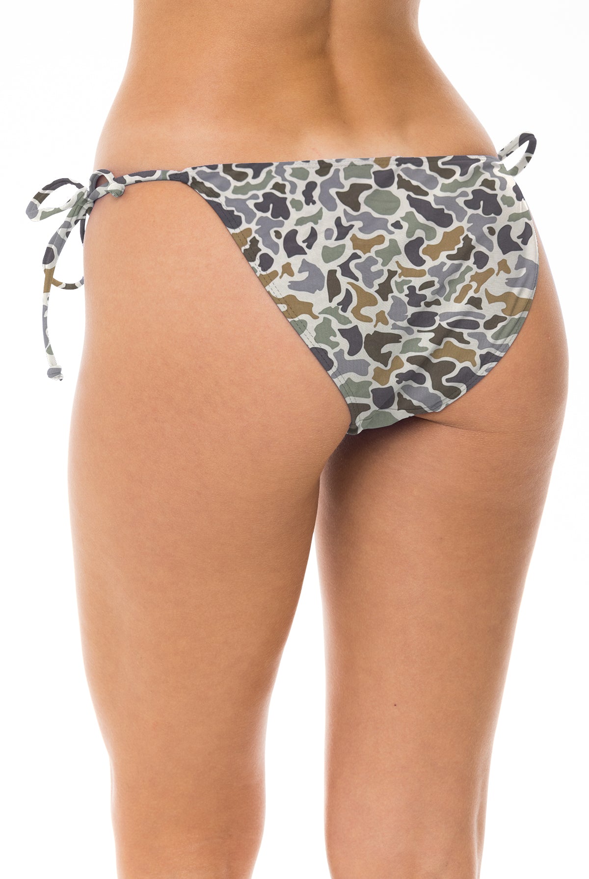 Low Rider bikini bottom in Duck Camo, back view with side ties.