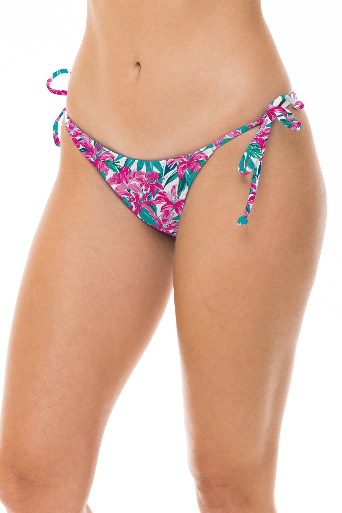 Low Rider bikini bottom in Pink Floral, three-quarter front view with side ties.