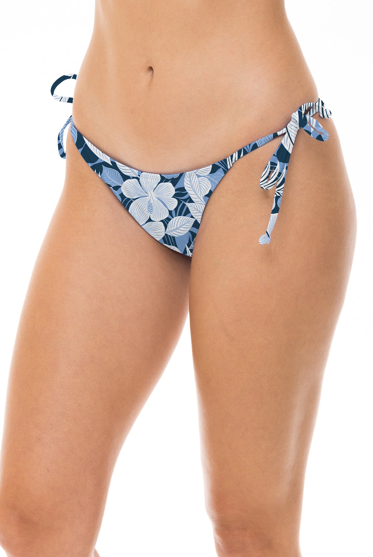Low Rider bikini bottom in Blue Floral, three-quarter front view with side ties.