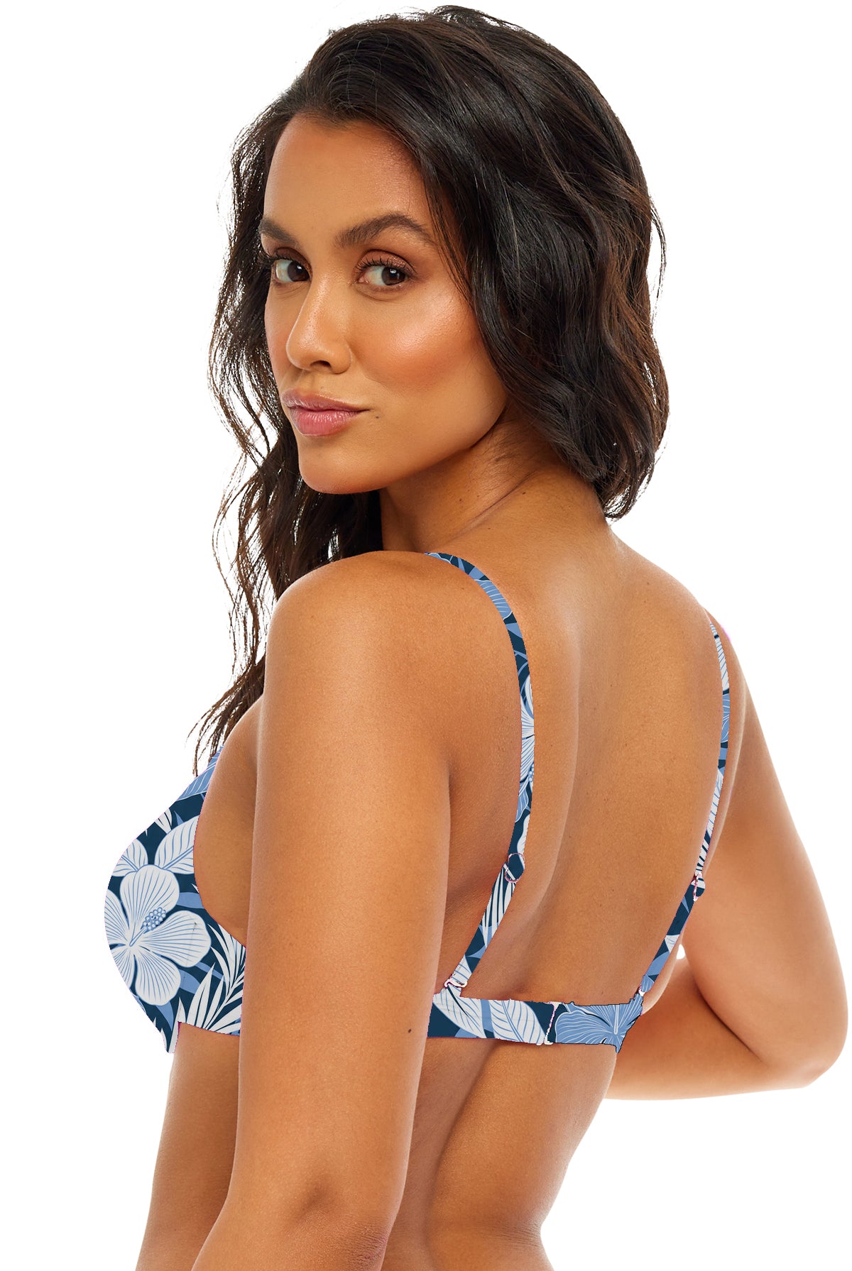 Maui Molded Cup bikini top in Blue Floral, three-quarter back view with slim straps and back band.
