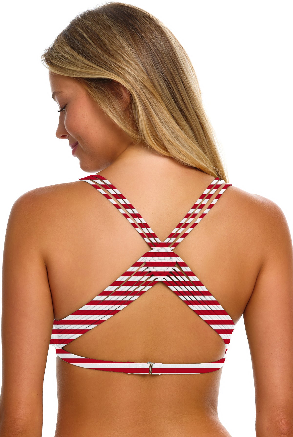 Tortola Top in American Flag, back view with wide crossover straps.