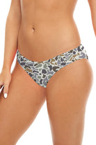 Classic Bottom in Duck Camo, three-quarter front view of the bikini bottom.