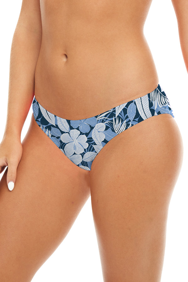 Classic Bottom in Blue Floral, three-quarter front view of the bikini bottom.