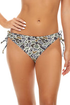 Easy To Please Adjustable Tie bikini bottom in Duck Camo, front view with tied sides.