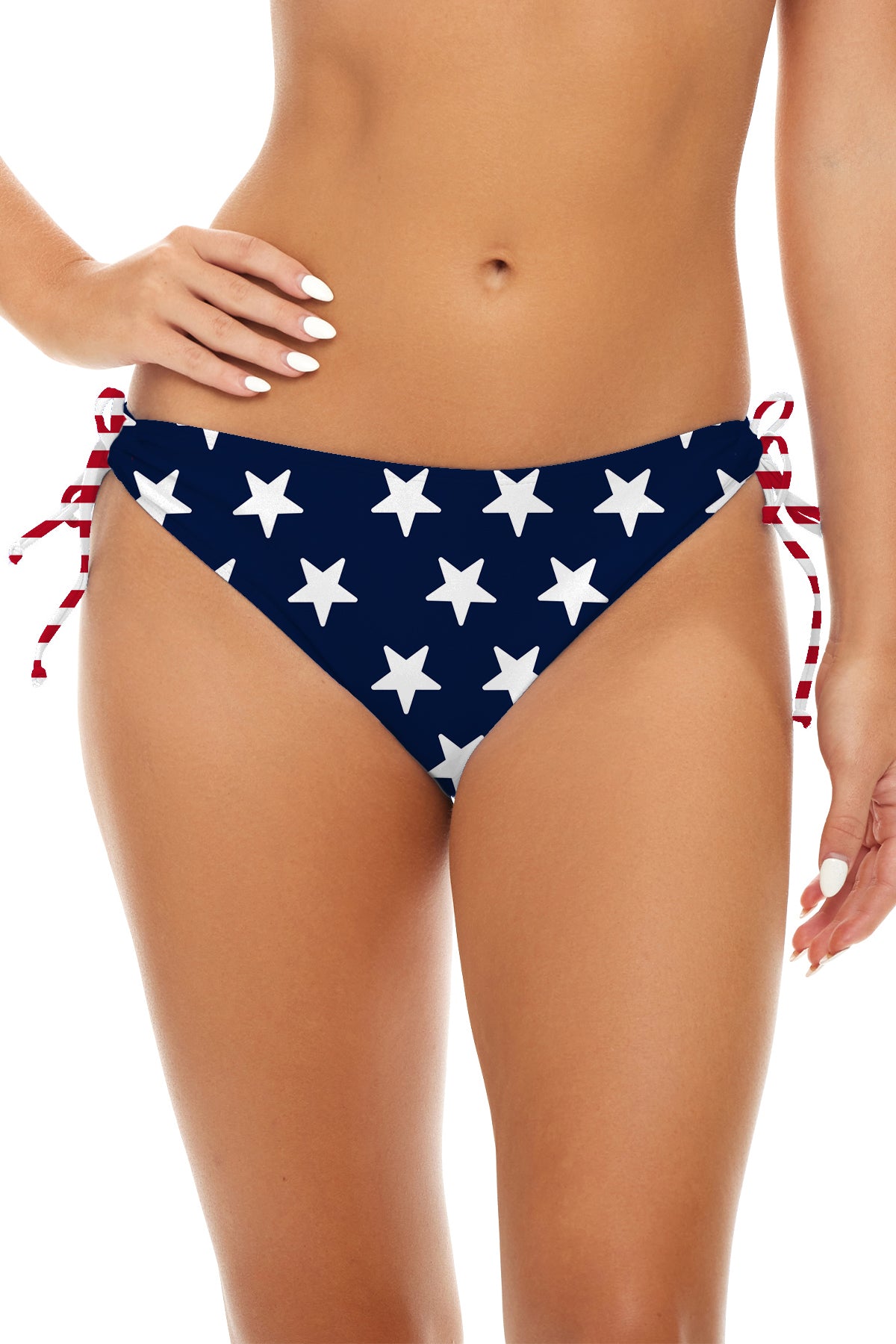 Easy To Please Adjustable Tie bikini bottom in American Flag, front view with tied sides.