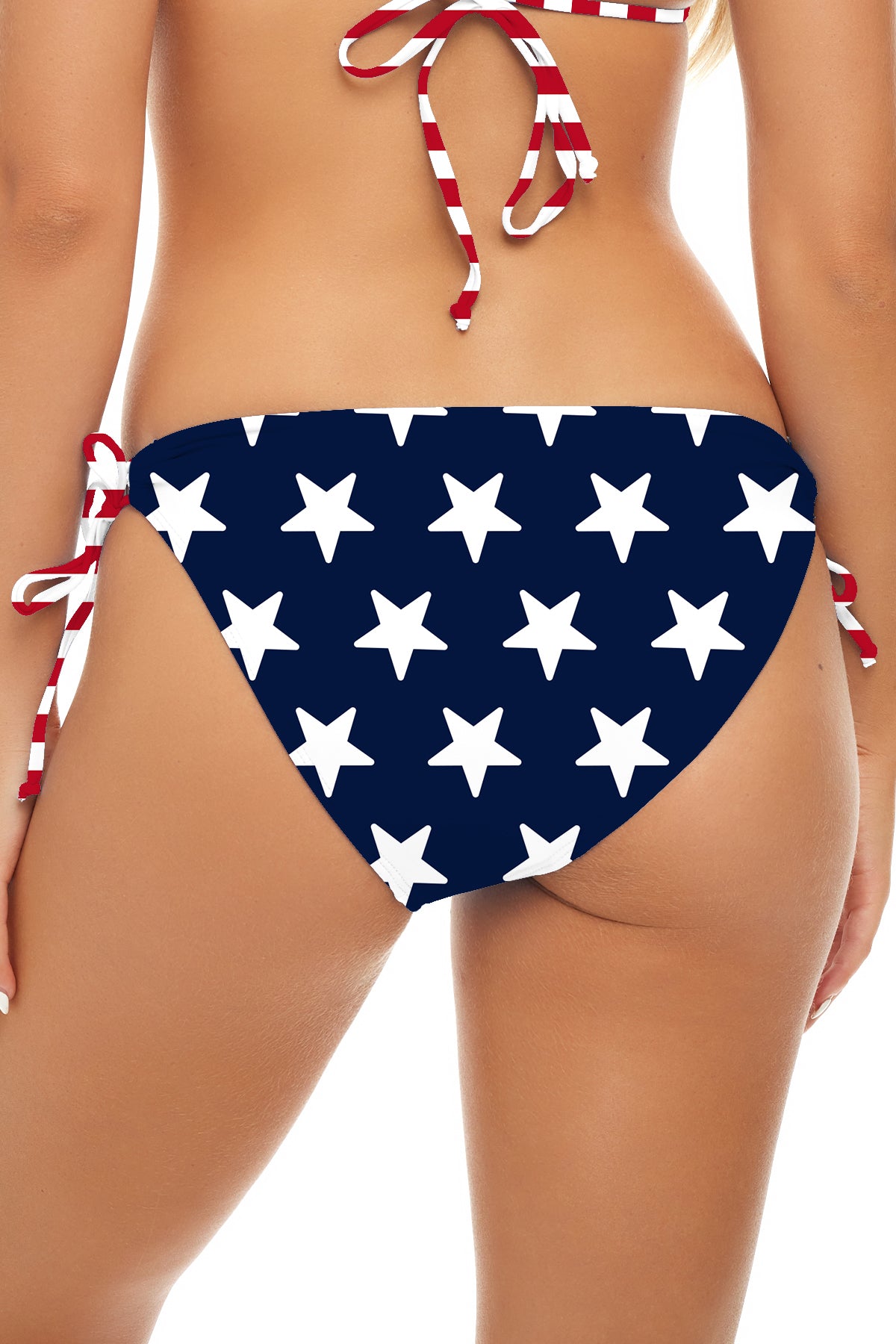 Easy To Please Adjustable Tie bikini bottom in American Flag, back view with tied sides.