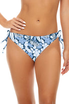 Easy To Please Adjustable Tie bikini bottom in Blue Floral, front view with tied sides.