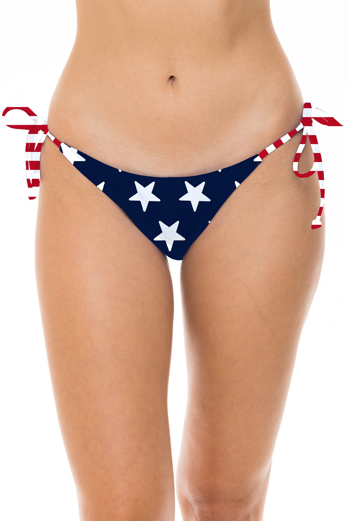 Low Rider bikini bottom in American Flag, front view with side ties.
