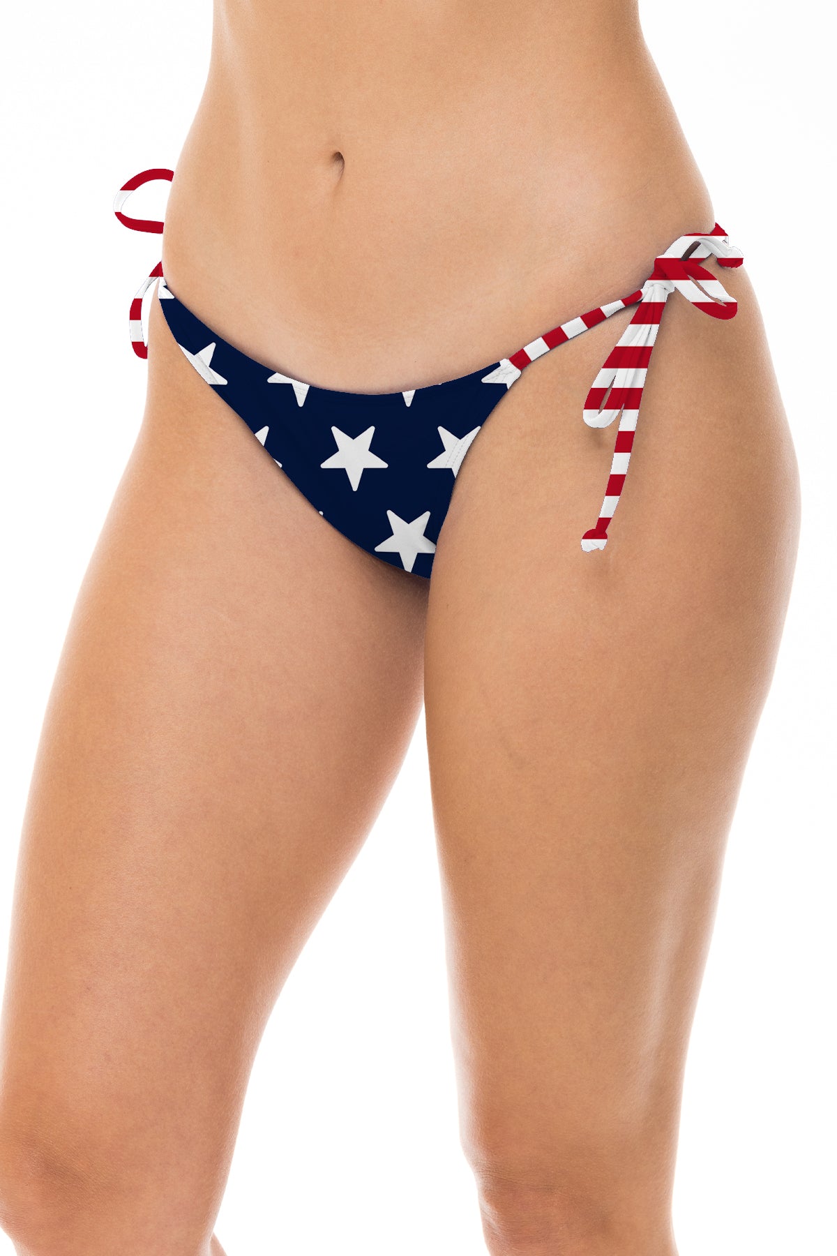 Low Rider bikini bottom in American Flag, three-quarter front view with side ties.