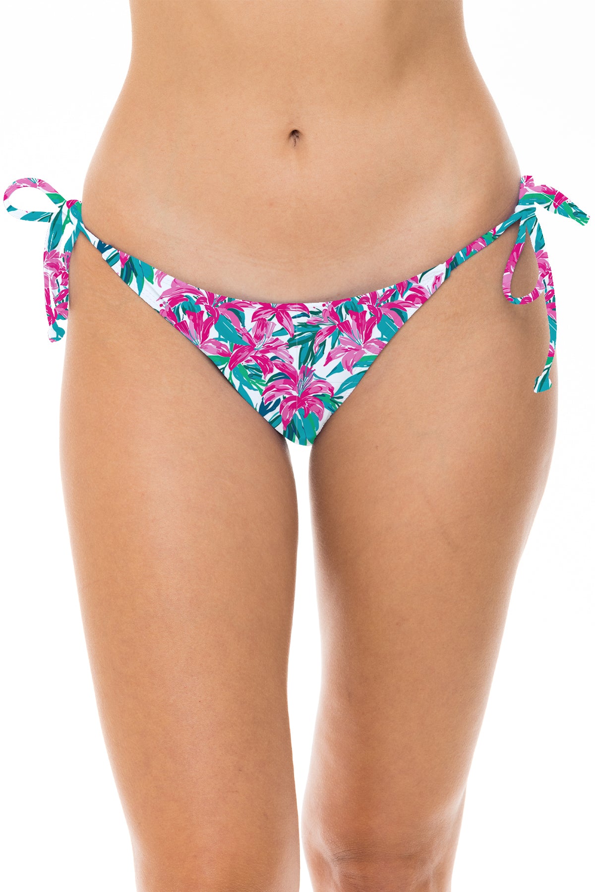 Low Rider bikini bottom in Pink Floral, front view with side ties.