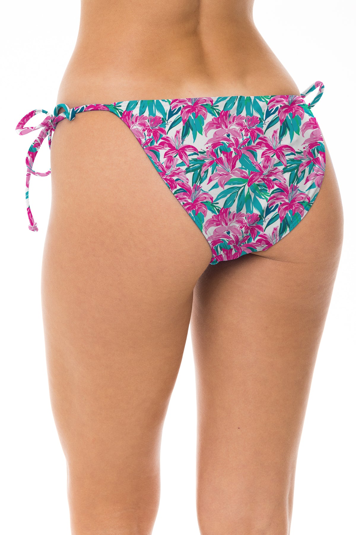 Low Rider bikini bottom in Pink Floral, back view with side ties.