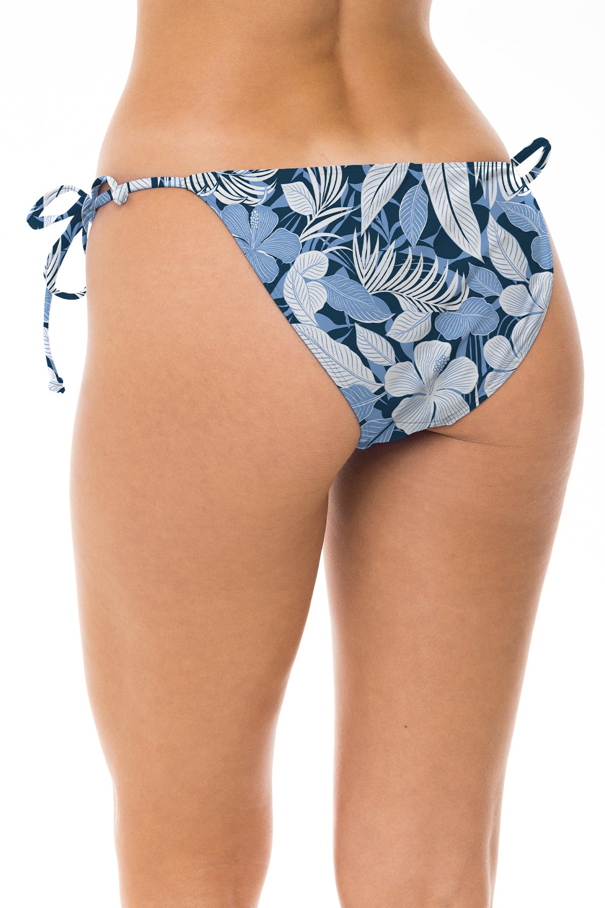 Low Rider bikini bottom in Blue Floral, back view with side ties.