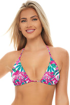 Bermuda Triangle Top in Pink Floral, front view with triangle cups and halter straps.
