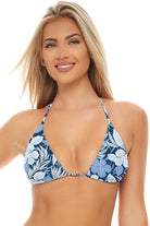 Bermuda Triangle Top in Blue Floral, front view with triangle cups and halter straps.