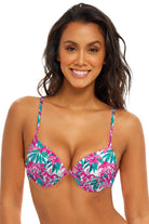 Maui Molded Cup bikini top in Pink Floral, front view with molded cups and slim straps.