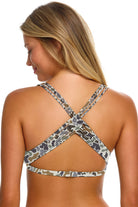 Tortola Top in Duck Camo, back view with wide crossover straps.
