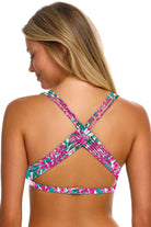 Tortola Top in Pink Floral, back view with wide crossover straps.